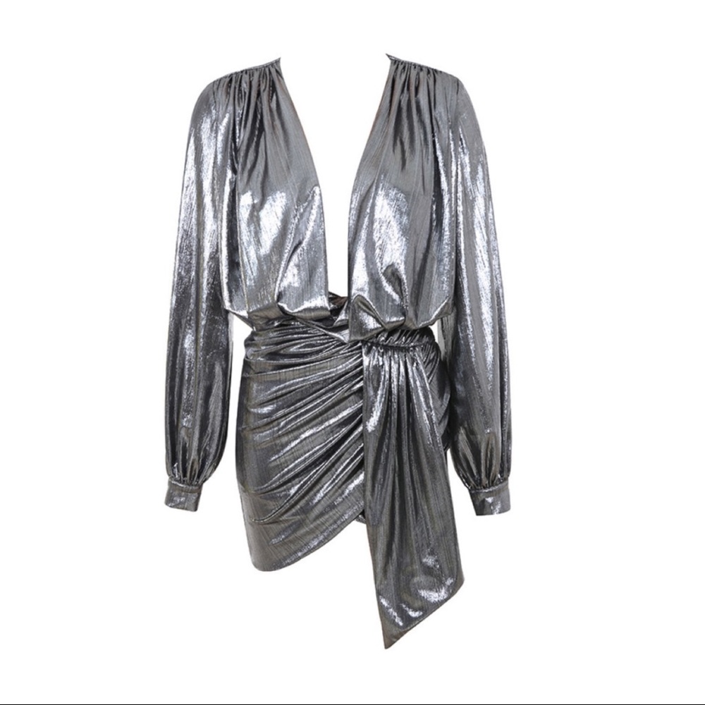 ALVONA 
METALLIC SILVER DRAPE MINI DRESS